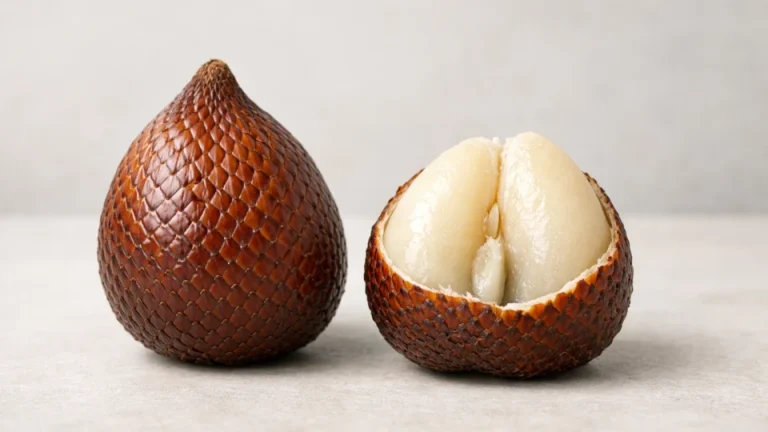Fructul salak, cunoscut ca snake fruit, cu coajă solzoasă și pulpă albă, crocantă și suculentă.